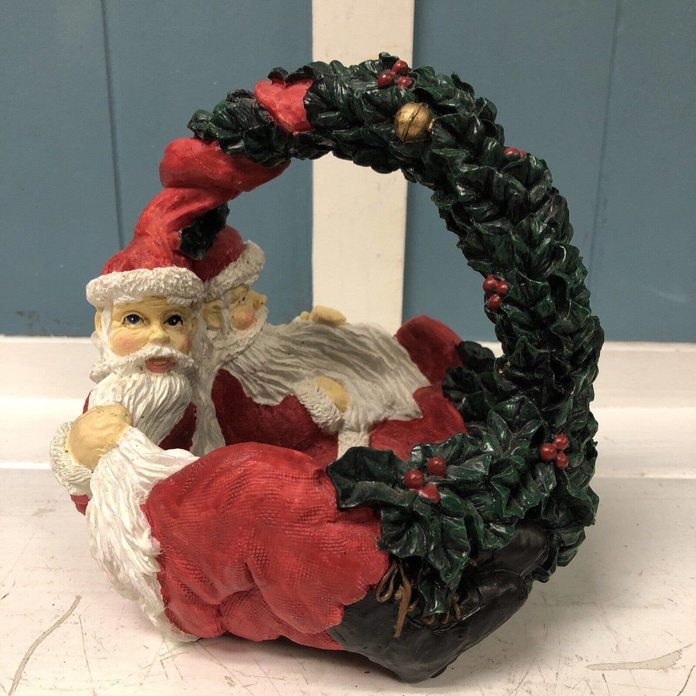 Vintage Department 56 Double Santa Claus Resin Christmas 6.5” Basket Bowl